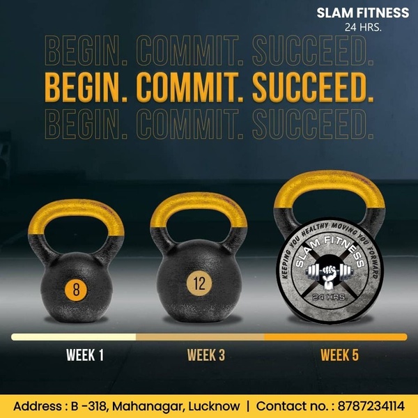 This static square creative uses a visual timeline of increasing kettlebell weights to represent a member's fitness journey over five weeks.